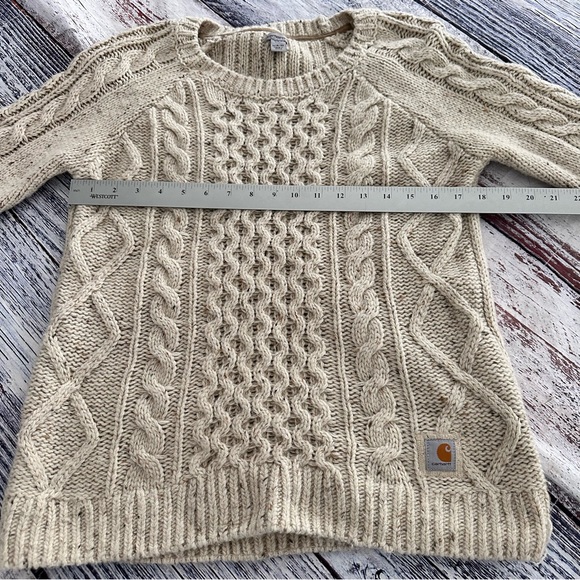 Carhartt Oatmeal Tan Wool Blend Cable Knit Sweater With Elbow Patch - Picture 10 of 10